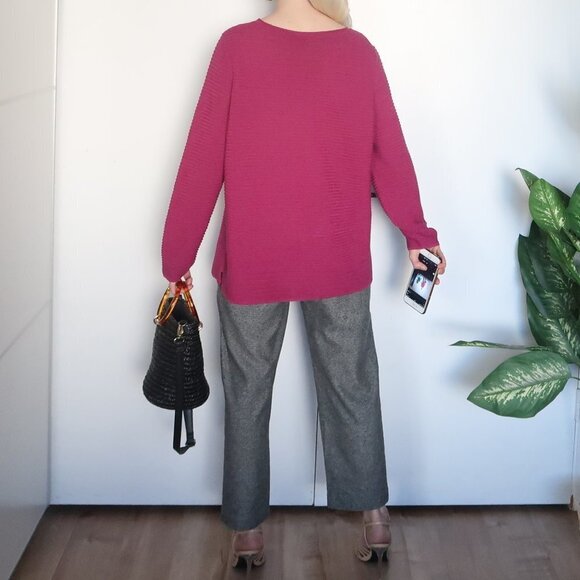 Eileen Fisher Pink/ Fuchsia Jewel Neck Ribbed Sweater - Picture 8 of 12